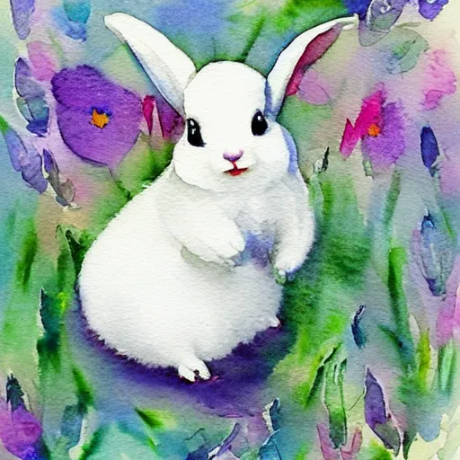 Prompt: a white rabbit with beautiful angelic white wings, smiling, watercolour realistic