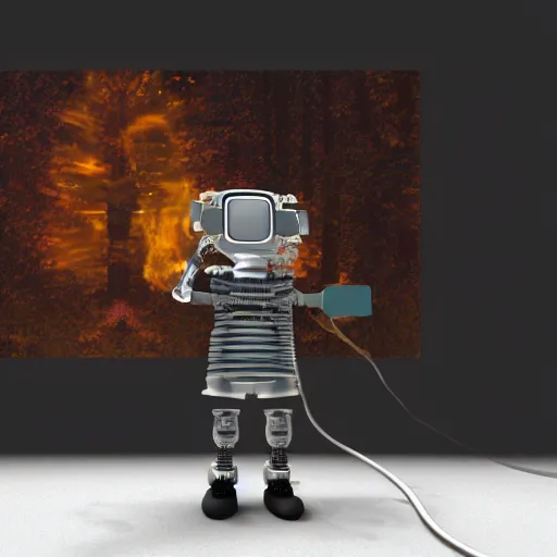 Prompt: An album cover, (fire), mask, stethoscope!, (doctor), 3d render, robot!, TV, (unreal engine), (rust), photograph, portrait, painting, (forest), (trees)