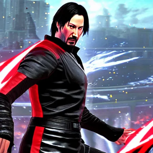 Image similar to Keanu Reeves as a character in Tekken, gameplay screenshot, photorealistic