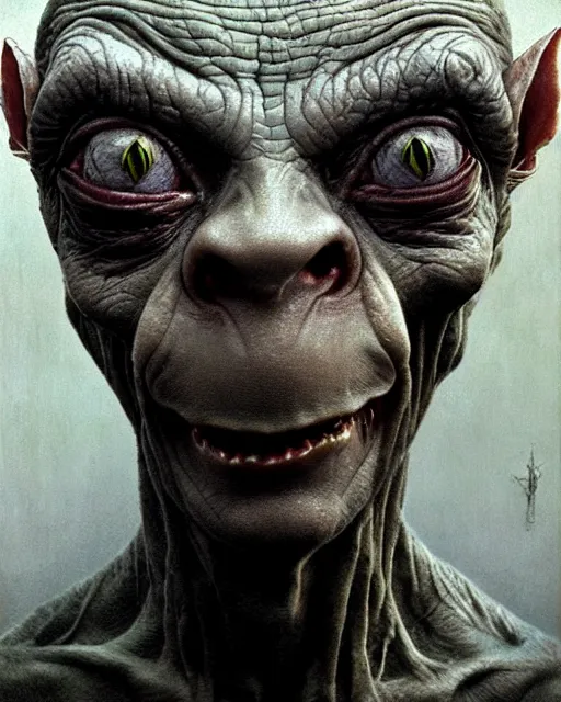 Image similar to gollum smeagol grotesque, ultra detailed, ultra realistic, by beksinski, alejandro jodorowsky, giger, greg rutkowski, carne griffith trending on artstation, deviantart, photorealism