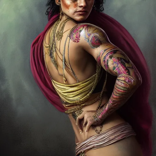 Image similar to portrait painting of a muscular bloodied indian woman lower back, tattooed, wearing sari, ultra realistic, concept art, intricate details, eerie, highly detailed, photorealistic, octane render, 8 k, unreal engine. art by artgerm and greg rutkowski and alphonse mucha