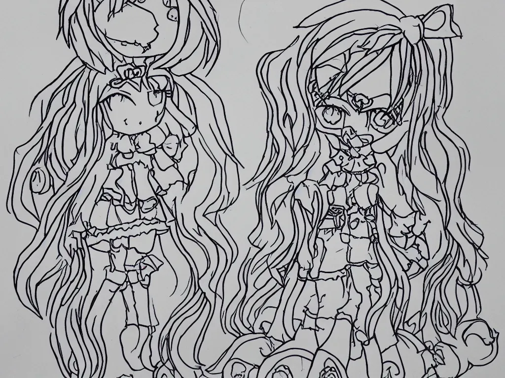 Prompt: color pen plotter outline drawing of a cute fumo plush girl, cursed enigmatic gothic maiden