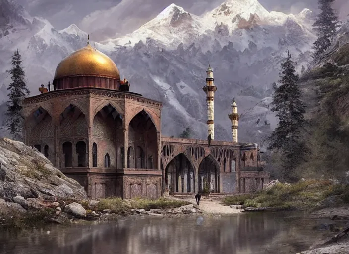 Prompt: Abandoned Hazratbal mosque in mountains of Kashmir, a fantasy digital painting by Greg Rutkowski and James Gurney, trending on Artstation, highly detailed