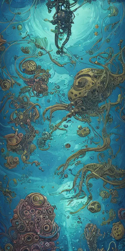 Prompt: a picture of mysterious colourful underwater sea life, being discovered by a man in a steampunk diving suit. water is deep aquamarine coloured. poster art by james jean, concept art, behance contest winner, very detailed, award - winning. lovecraftian, cosmic horror, bioluminescence.