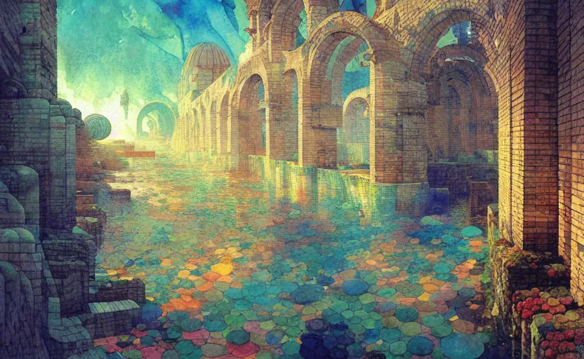 Image similar to tiled room squared waterway, aqueducts, fantasy. intricate, amazing composition, colorful watercolor, by ruan jia, by maxfield parrish, by marc simonetti, by hikari shimoda, by robert hubert, by zhang kechun, illustration, gloomy