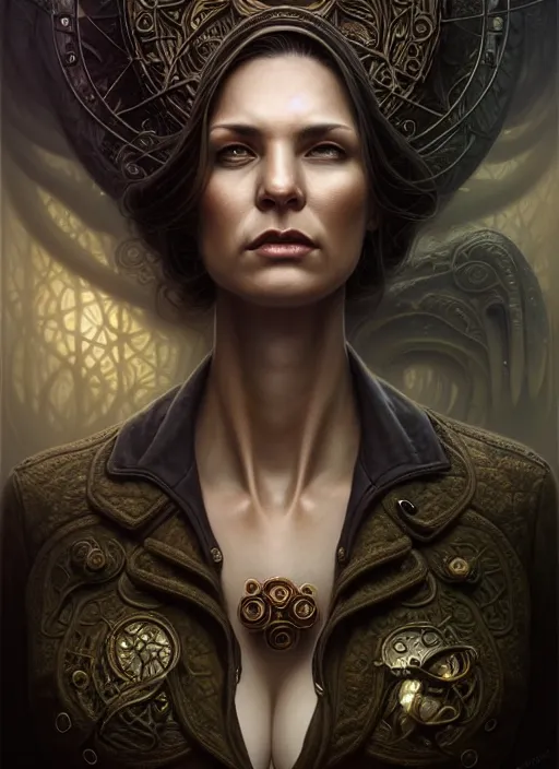 Image similar to portrait shot of a female detective in a scenic lovecraftian environment, intricate, elegant, highly detailed, centered, digital painting, artstation, concept art, smooth, sharp focus, illustration, artgerm, tomasz alen kopera, peter mohrbacher, donato giancola, joseph christian leyendecker, wlop, boris vallejo