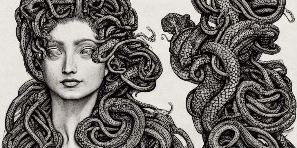 Prompt: realistic portrait of a medusa with her snake hair, 1450, ink, ultra realistic, 8k