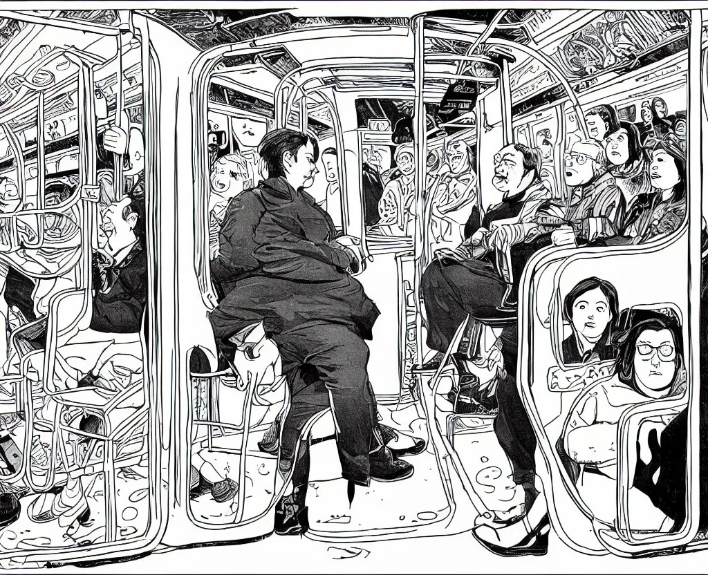 Prompt: a highly detailed line drawing in the style of Daniel Clowes and Adrian Tomine and Gabrielle Bell, 3/4 view wide shot framed on two people: a sad woman in a parka who looks like Aubrey Plaza, sitting near a slightly overweight friendly middle-aged German businessman in a suit, with short blond hair and mustache, in a mostly empty Chicago subway train