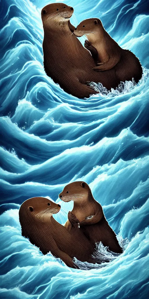 Image similar to An adorable Otter saving his wife from the whirlpool, in love holding hands side by side, in the middle of a super scary storm at sea, thunder, lightning, waves, fantasy illustration, cinematic, award winning, romantic, detailed trending on artstation, masterpiece