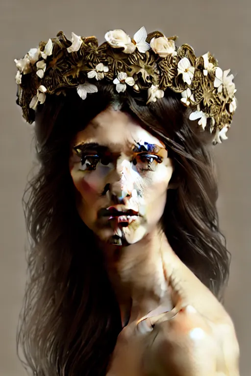 Prompt: portrait of a Marble Sculpture of a Brazilan Supermodel wearing a floral crown, olive skin, long dark hair, beautiful bone structure, art deco, fantasy, intricate flower designs, elegant, highly detailed, sharp focus, art by Greg Rutkowski