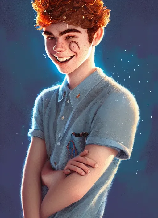 Image similar to portrait of teenage archie andrews, freckles, curly middle part haircut, curly hair, smiling kindly, intricate, elegant, glowing lights, highly detailed, digital painting, artstation, concept art, smooth, sharp focus, illustration, art by wlop, mars ravelo and greg rutkowski