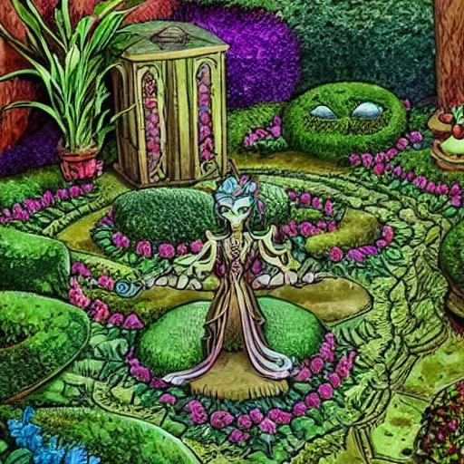 Image similar to intricate detailed Garden, Green Witch Walking her Garden, magical garden plant creatures, enchanted, life like plants, In style of 1992 X-Men: The Animated Series, high detail