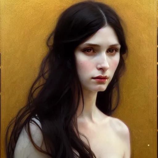 Prompt: Portrait of a beautiful, pale skin, Eastern European female with long black hair, dark eyes, elegant clothing, photorealistic, highly detailed, artstation, smooth, sharp focus, art by Klimt, artgerm, Greg Rutkowski and Alphonse Mucha