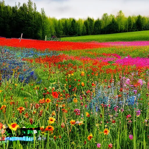 Prompt: photograph of a farm of colourful wildflowers, spring season, atmospheric