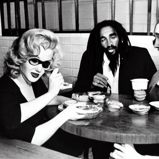 Image similar to Marilyn Monroe, Bob Marley and Charles Manson eating donuts in a cafe.