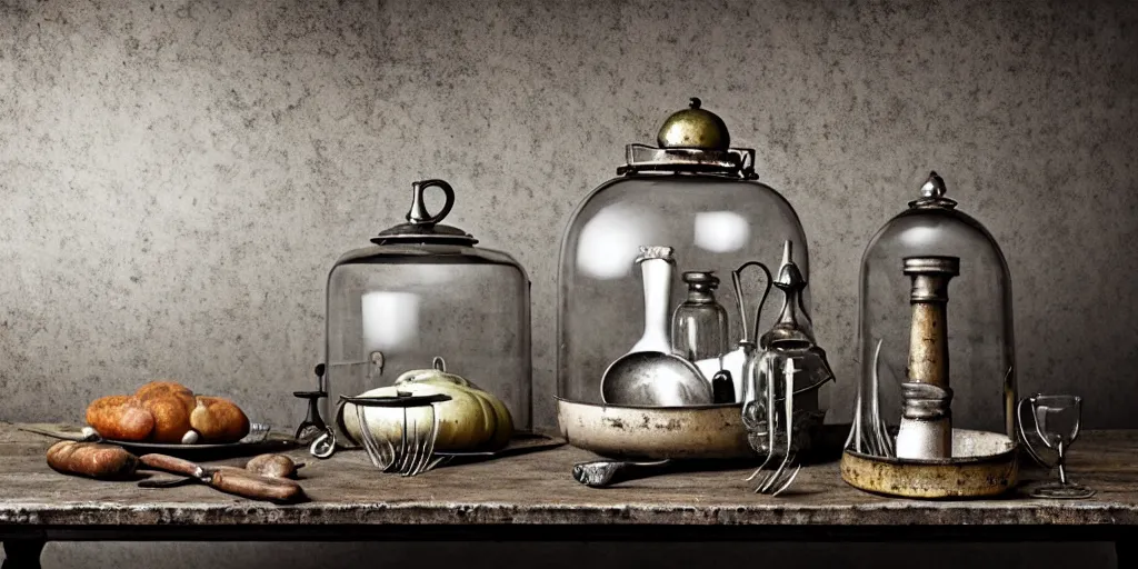 Prompt: clear glass cloche, on an antique distressed table top with metal kitchen utensils, old kitchen backdrop, dark kitchen backdrop, style by peter lippmann, intricate detail,