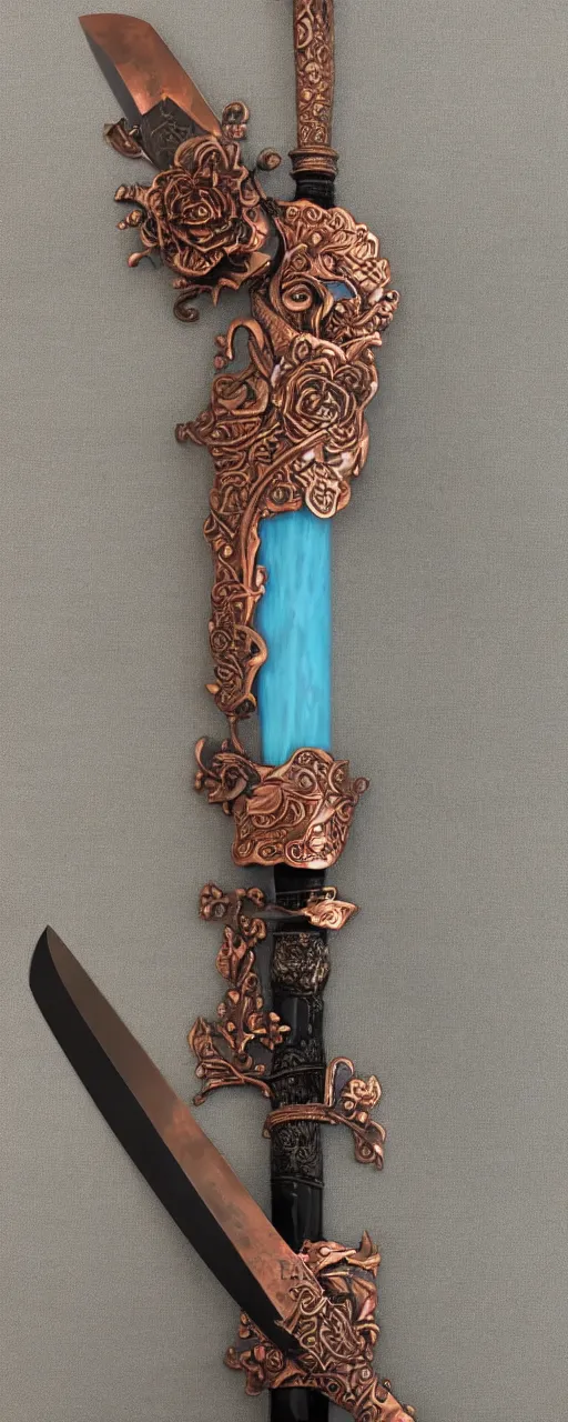 Image similar to copper sword decorated with cyan roses, black runes on the blade, a large beautiful black hilt