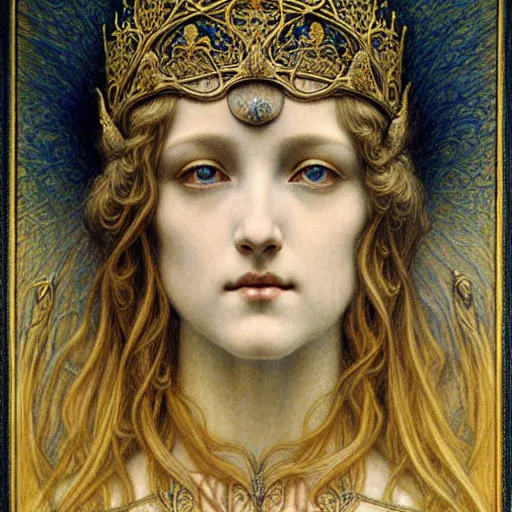 Image similar to detailed realistic beautiful young radiant medieval queen portrait by jean delville, gustave dore and marco mazzoni, art nouveau, symbolist, visionary, gothic, pre - raphaelite, horizontal symmetry