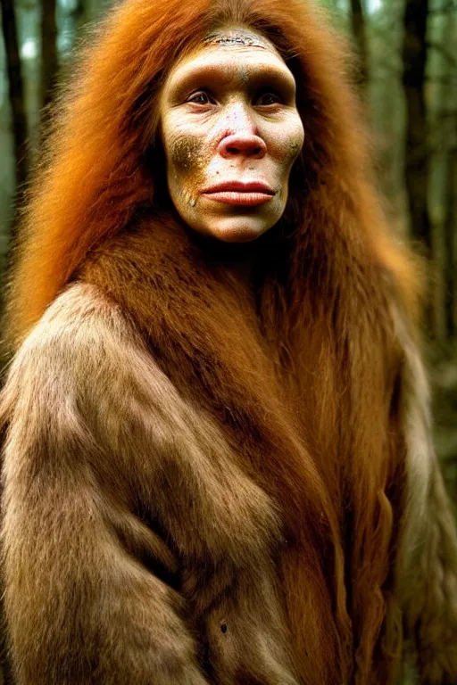 Prompt: a professional portrait photo of a neanderthal woman in the forest in winter, mud on face, ginger hair and fur, extremely high fidelity, natural lighting, still from the movie quest for fire