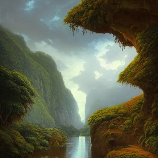 Prompt: Beautiful hyperrealistic detailed matte painting of a Landscape with a view of the river in the Rock Gorge of Love on the Lost Vibes and uncontrolled darkness in distant background, summer, thunderstorm, by andreas rocha and john howe, and Martin Johnson Heade, featured on artstation, featured on behance, golden ratio, ultrawide angle, f32, well composed, cohesive