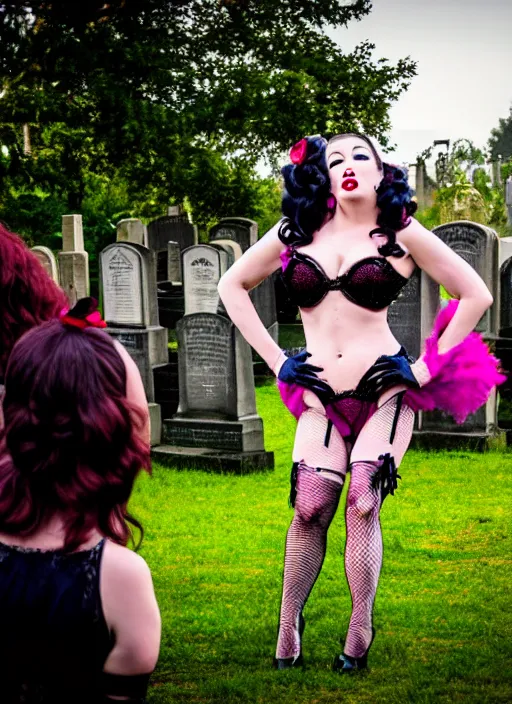 Image similar to burlesque performance in a graveyard