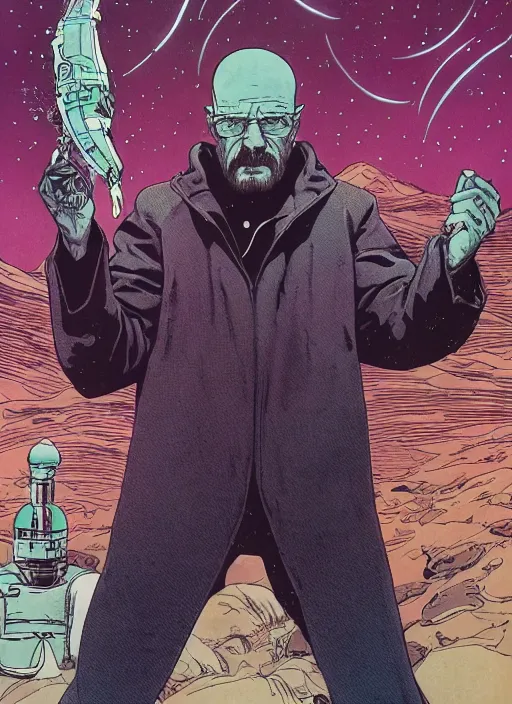 Prompt: Walter White as badass space wizard in retro science fiction cover by Moebius, vintage 1960 print, detailed, trending on artstation, extremely detailed face