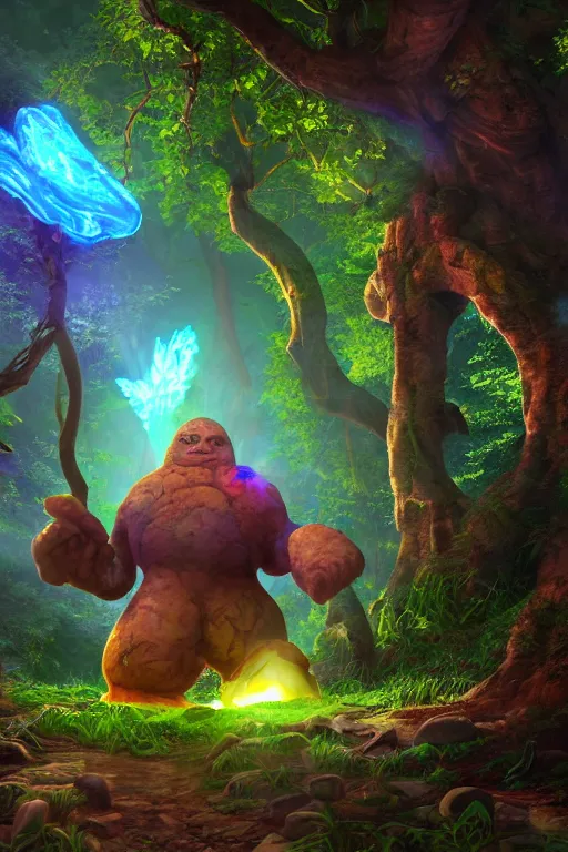 Image similar to arcane fantasy art giant golem elemental wood rock bastion forged gemstone enchanted forest troll, global illumination ray tracing hdr fanart arstation by sung choi and eric pfeiffer and gabriel garza and casper konefal lisa frank zbrush central hardmesh radiating a glowing aura