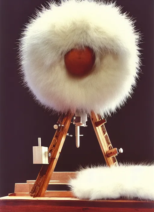 Image similar to realistic photo of a a medieval wooden astronomic archeology scientific equipment made of brushwood, with white fluffy fur, by dieter rams 1 9 9 0, life magazine reportage photo, natural colors