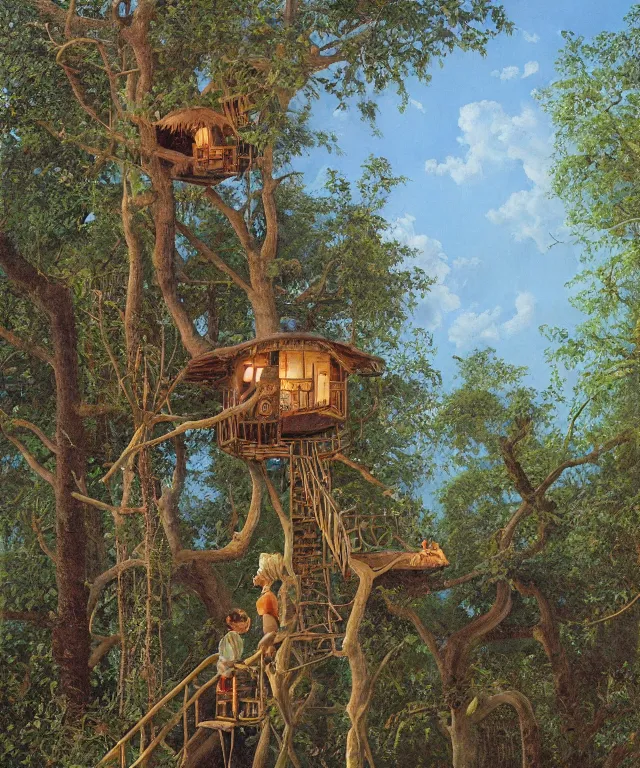 Image similar to masterful oil on canvas painting, eye - level view, shot from 5 0 feet distance, of a kid playing in a treehouse. in the background is a whimsical sparse forest. golden hour, detailed, depth, volume, chiaroscuro, quiet intensity, vivid color palette. by tex avery and gerald brom