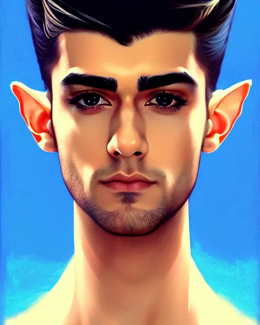 Image similar to stylized portrait formal pose, composition, zayn malik as an elf, pointy ears, realistic shaded, fine details, realistic shaded lighting poster by ilya kuvshinov, magali villeneuve, artgerm, jeremy lipkin and michael garmash and rob rey