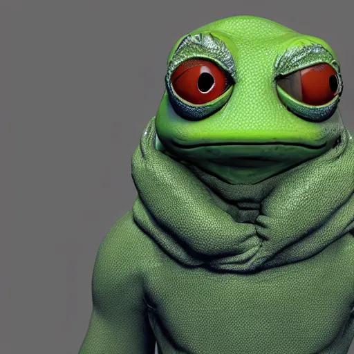 Image similar to a sadge - sad - pepe - the - frog - jedi - master, looking more depressed than usual, quivering lips, fists in the air, sweat flying, cgi render, zbrush, octane, keyshot render