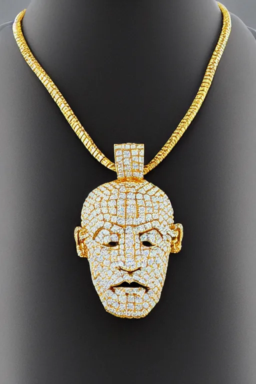 Prompt: diamond and gold pendant made in the shape of jesus's head with diamonds encrusted throughout the face in the style of hip hop jewelry