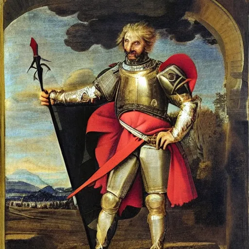 Image similar to donald trump, wearing knight ’ s armor, holding a spectacular broadsword, by annibale carracci, two arms, two legs, donald trump, symmetrical face, highly detailed face, perfect face