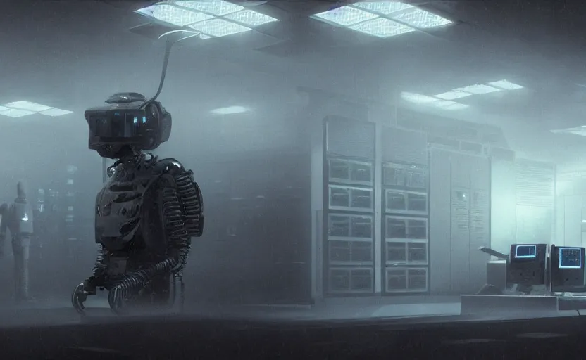 Prompt: extremely detailed cinematic movie still 3 0 7 7 foggy portrait shot of a robot dancing in an endless data centre by denis villeneuve, wayne barlowe, simon birch, marc simonetti, philippe druillet, beeple, bright volumetric sunlight from small windows, rich moody colors, closeup