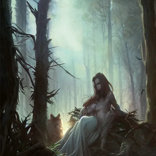 Prompt: wolves asleep amidst the trees and bats are all swaying in the breeze, d & d, digital painting, dark, fantasy, cinematic lighting, mood lighting, realistic, digital art, trending on artstation, art by artgerm and greg rutkowski and alphonse mucha