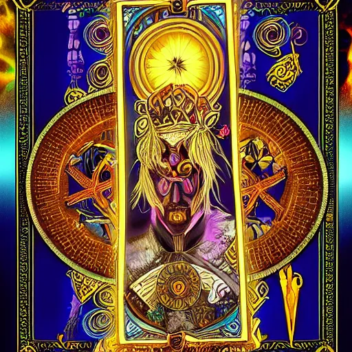 Prompt: digital tarot card painting of a powerful warlock, hyperdetailed, vivid colors, beautiful, magic spell, trending on Artstation