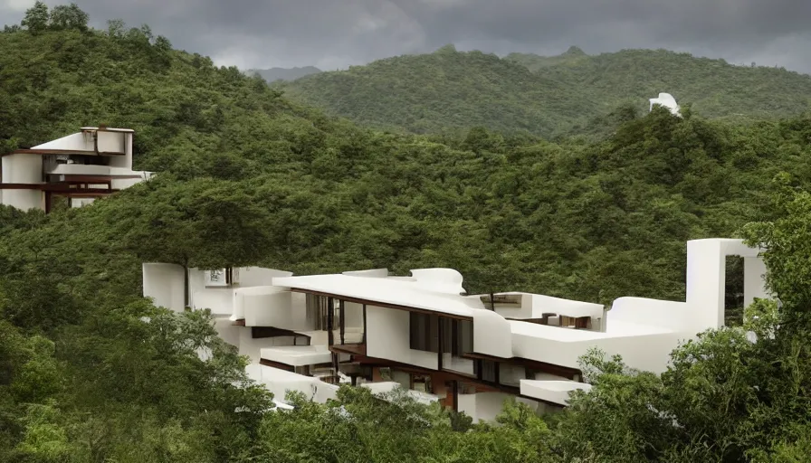 Image similar to villa inspired by tibetan architecture, on a green hill, overlooking a valley with trees, frank lloyd wright, zaha hadid, le corbeusier, photorealistic, birds eye view