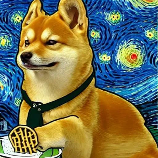 Image similar to shiba inu eating noodles in style of van gogh's starry night