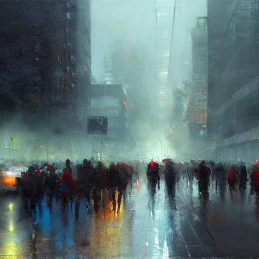 Prompt: dallas skyline, street scene, light rain and gentle fog, people crowding, painting by jeremy mann