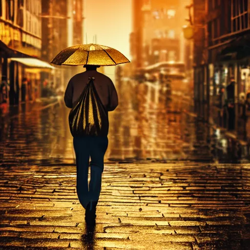 Image similar to golden man walking on a rainy street, golden hours, heat wave, 4 k photoshop