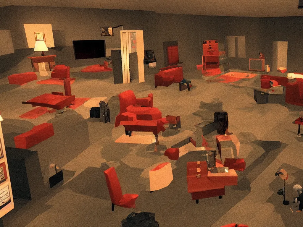 Prompt: Twin Peaks tv series red room as a PS1 sidescroller video game