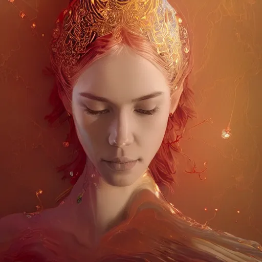 Image similar to abstract highly detailed female drawing made of white marble and red crystals quartz and minerals, ethereal lights, fine details, artstation, digital paint, fantasy, artstation, design, illustration, 8 k, intricate golden filigree, octane render, hypperrealistic painting, abstract liquid, concept art, painting by james gilleard and minna sundberg