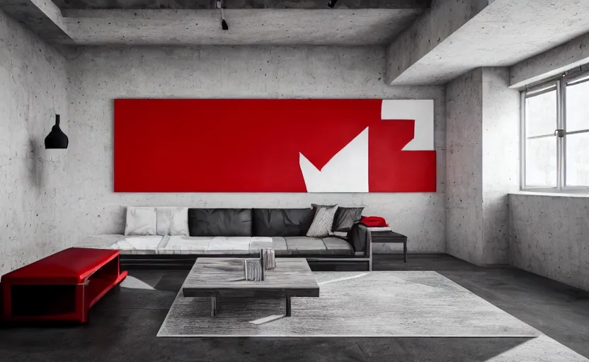 Image similar to a concrete room with a wooden table and a leather sofa and paintings on the wall, high quality, 8 k, architecture, symmetrical, harmonious, black white and red colours, calm, high coherence, natural lighting, path traced, highly detailed, hyperrealistic, concept art, octane render, unreal engine 5, trending on artstation, beautiful, elegant