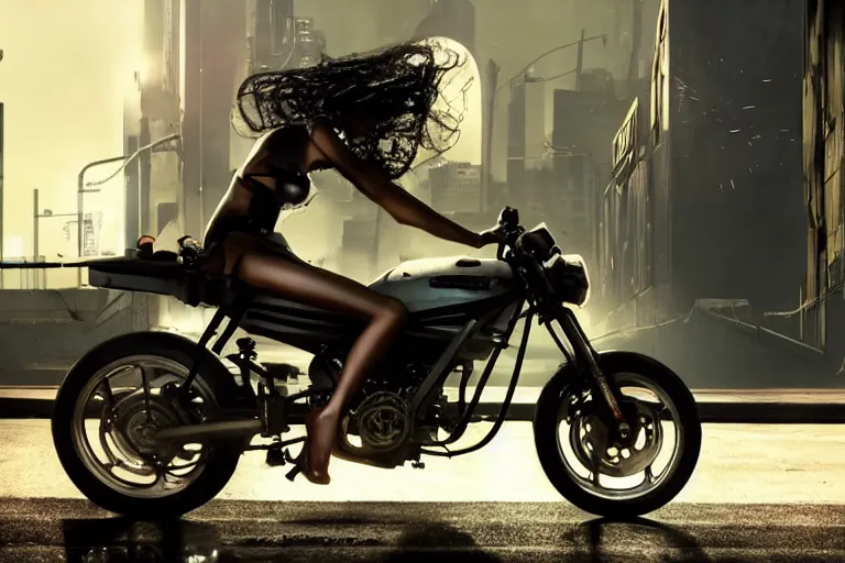 Image similar to cinematography of beautiful cyberpunk woman on motorcycle by Emmanuel Lubezki