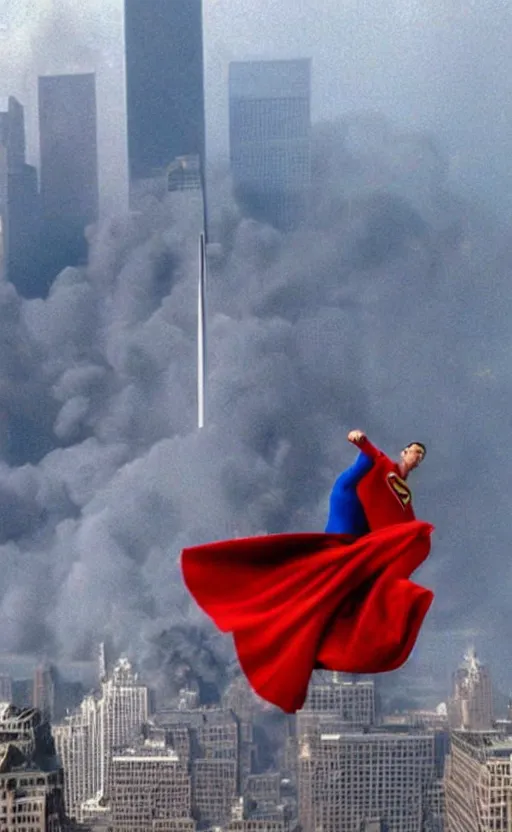 Image similar to superman flying into the twin towers on 9 / 1 1