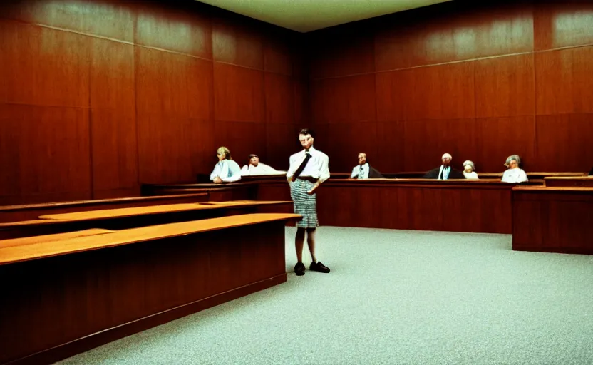 Image similar to a beautiful a man in a skirt in a courtroom, no blur, 4 k resolution, ultra detailed by william eggleston