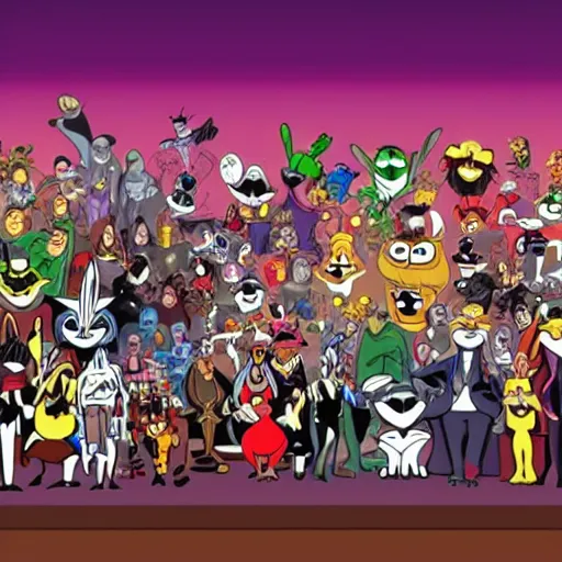 Prompt: an orchestra of various Looney Tunes characters playing a concert. A crowd of Marvel villains is sitting in the audience, realistic, photorealistic, 4k