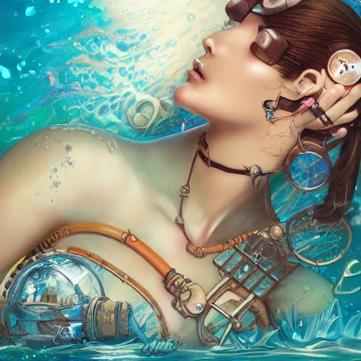 Image similar to lofi underwater steampunk beach model portrait, Pixar style, by Tristan Eaton Stanley Artgerm and Tom Bagshaw.