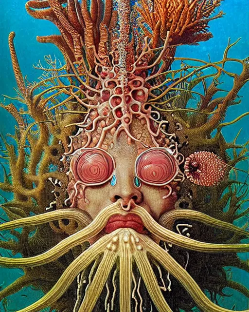 Prompt: hyperrealistic detailed underwater face portrait of the beautiful god of the fish with an intricate headgear of corals, sea kelp, sea plants, fish, starfish, jellyfish, art by ernst haeckel, hieronymus bosch, james jean, gothic, neo - gothic, ornamental, beautiful deep colours,