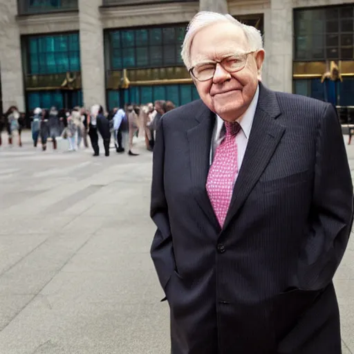 Image similar to warren buffet as a kristy creme standing outside wall street stock exchange, reality, realistic, detailed, 8 k, award winning, wide shot,